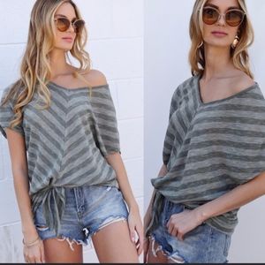 CIERA Front Tie Striped Top - OLIVE